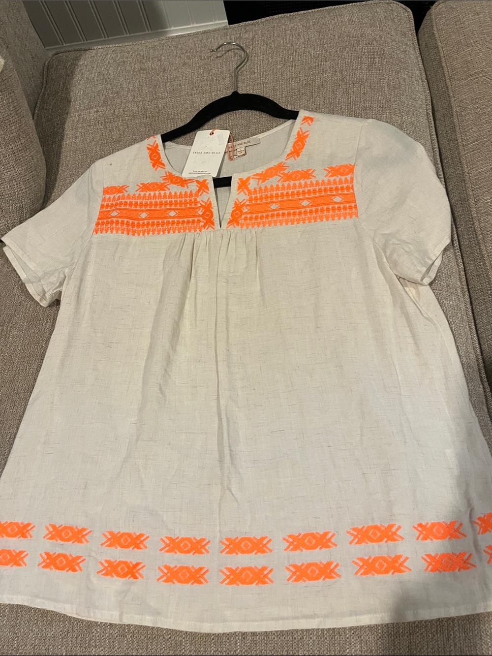 White Linen Blend Short-Sleeve Top with Neon Orange Embroidery